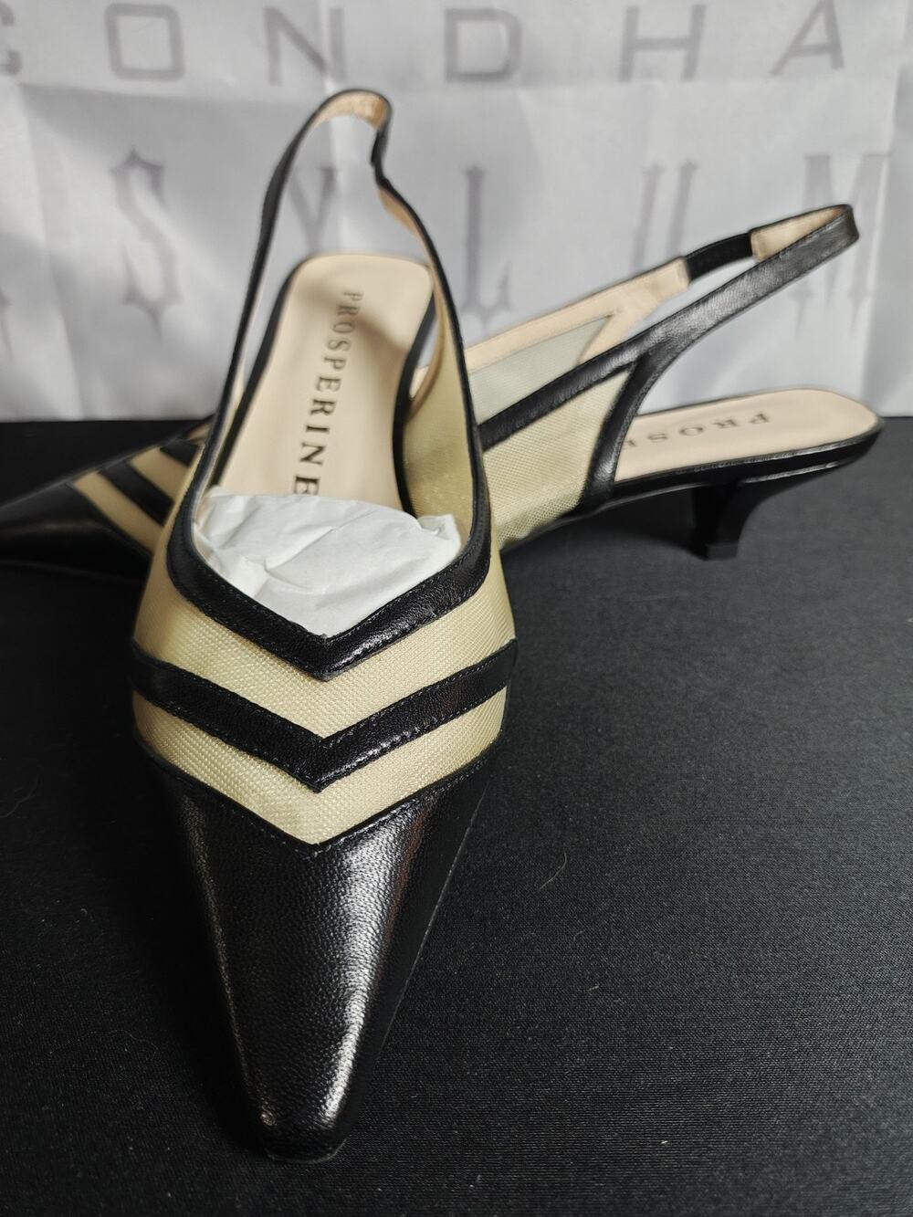 PROSPERINE Women’s 38.5 (8) Black Cream Slingback Pumps Pointed Toe Kitten Heel